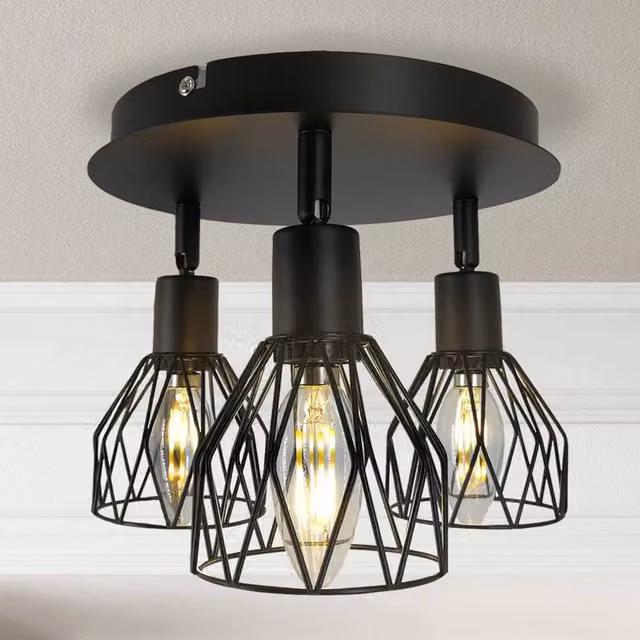 NIVOR Sputnik Black Caged 3-Light Industrial Semi Flush Mount Ceiling Chandelier, Diameter: 22 cm