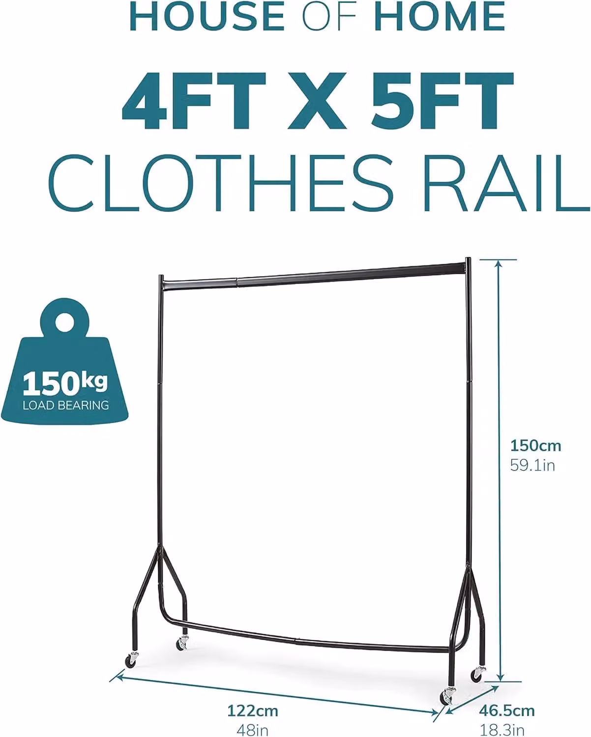 House of Home Heavy Duty Metal Clothes Rail with Wheels in Black, W: 152.4 cm, H: 152.4 cm – 2