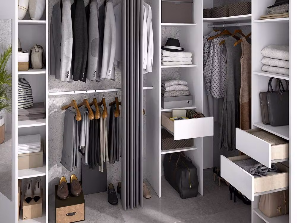 Vente-unique Modern Corner Wardrobe in White and Grey with Mirror and Integrated Drawers, W/D/H: 231.5 x 141.0 x 205.0 cm – 4