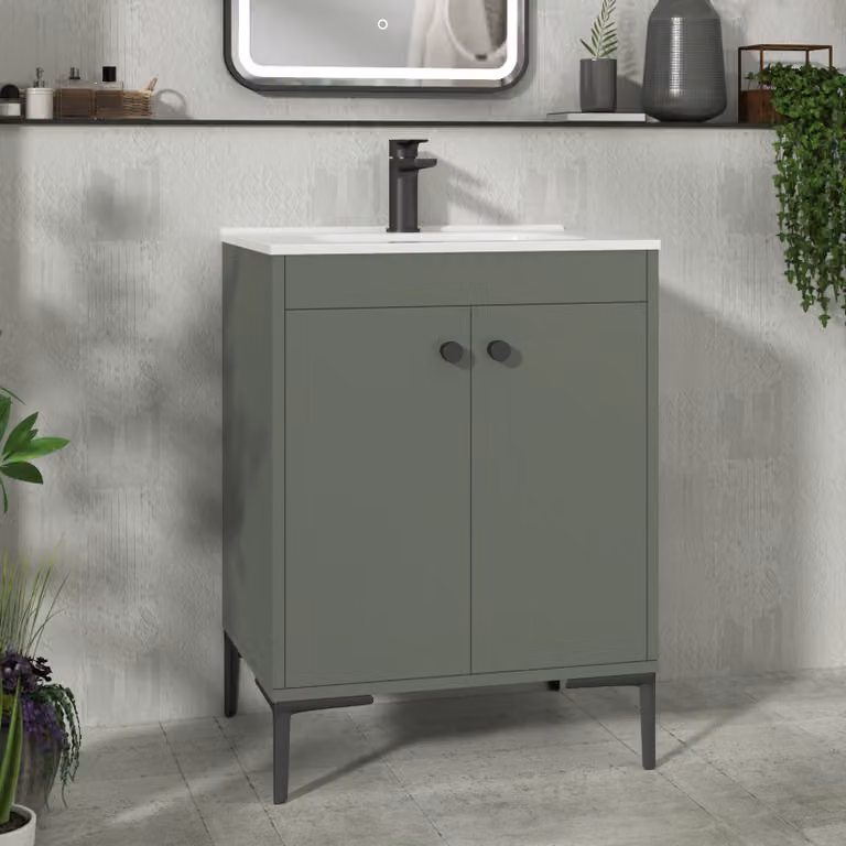 Royal Bathrooms Verona 600mm Matt Green Floor Standing 2 Door Vanity Unit with Ceramic Basin and Matt Black Knob