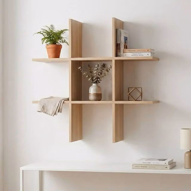 Garden Greatness Modern Oak Cross Wall Shelf Unit in Brown and Multicolour, W/D/H: 45 x 45 x 45 cm