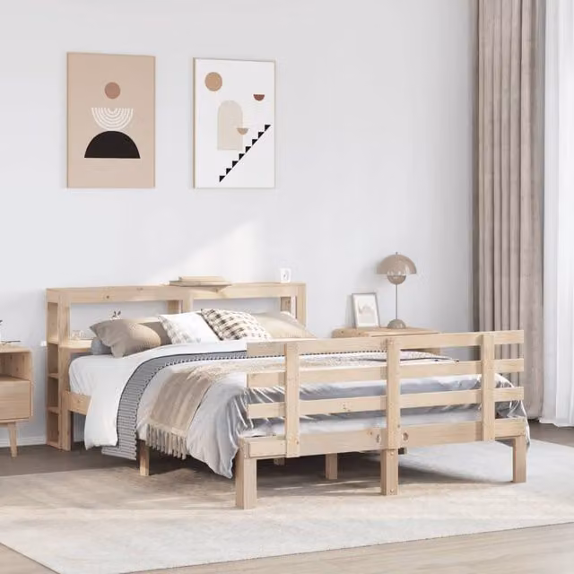 Berkfield Home Small Double Bed Frame with Headboard and Side Compartments in Brown, Solid Pine Wood, W/D/H: 120 x 200 cm – 1