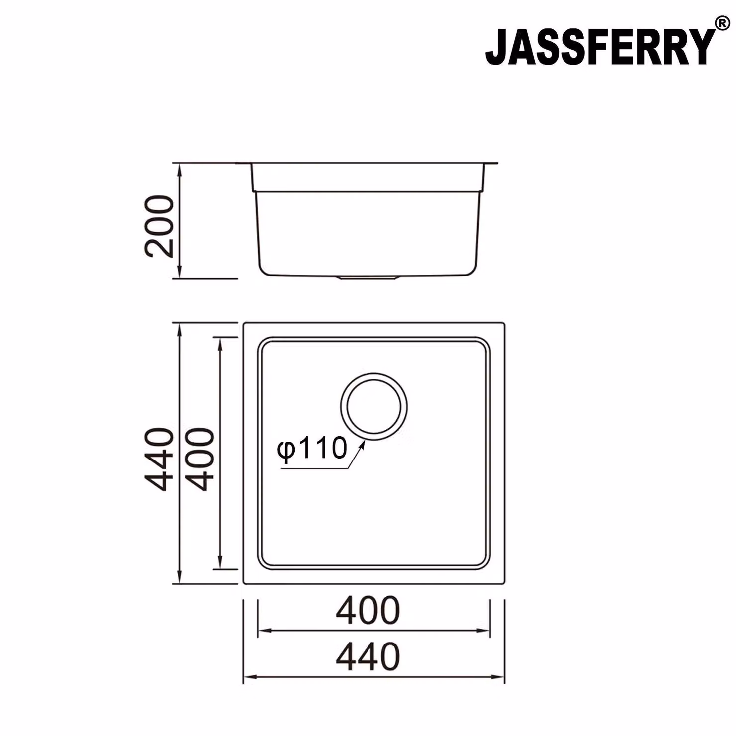 JASSFERRY Stainless Steel Undermount Kitchen Sink with Rack, Silver, W: 44 cm x D: 44 cm x H: 44 cm – 2