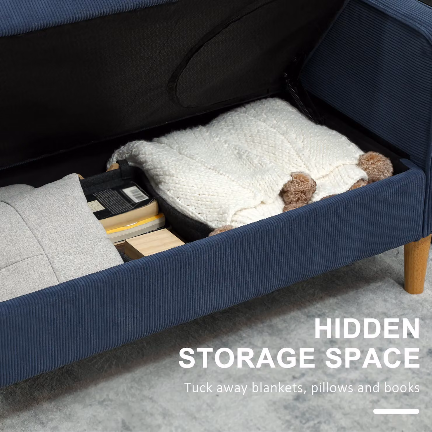 HOMCOM Compact 2 Seater Upholstered Sofa with Under Seat Storage in Blue – 4