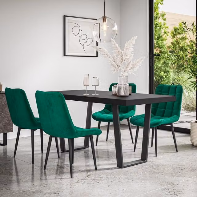 More4Homes Aria Dining Set with Black Table Top and 4 Green Nova Velvet Chairs