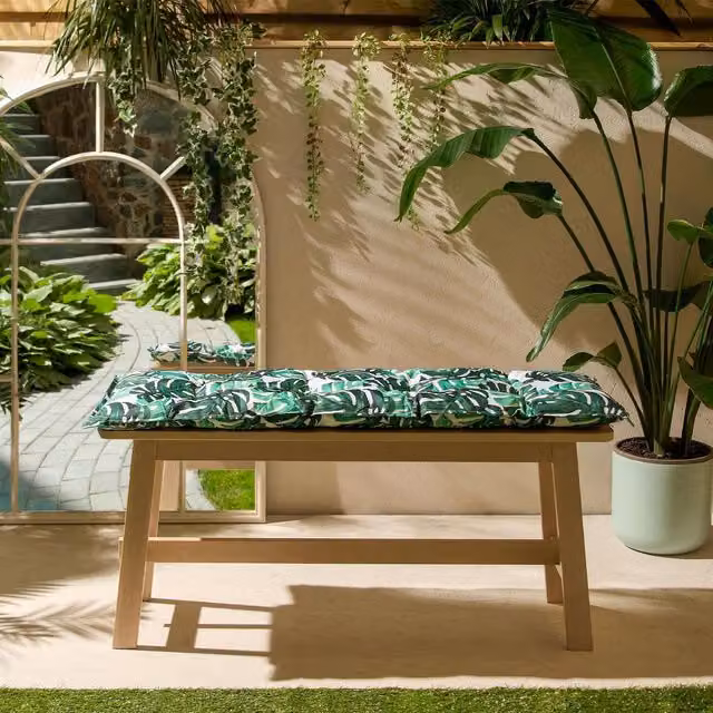 OHS Green Patterned Outdoor 2 Seater Bench Cushion, W/D/H: 110 x 40 x 40 cm