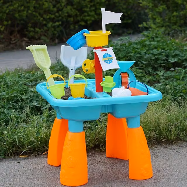 Gr8 Garden Childrens Sand Pit and Water Play Table in Blue and Multicolour with Toy Accessories and Drain Valve