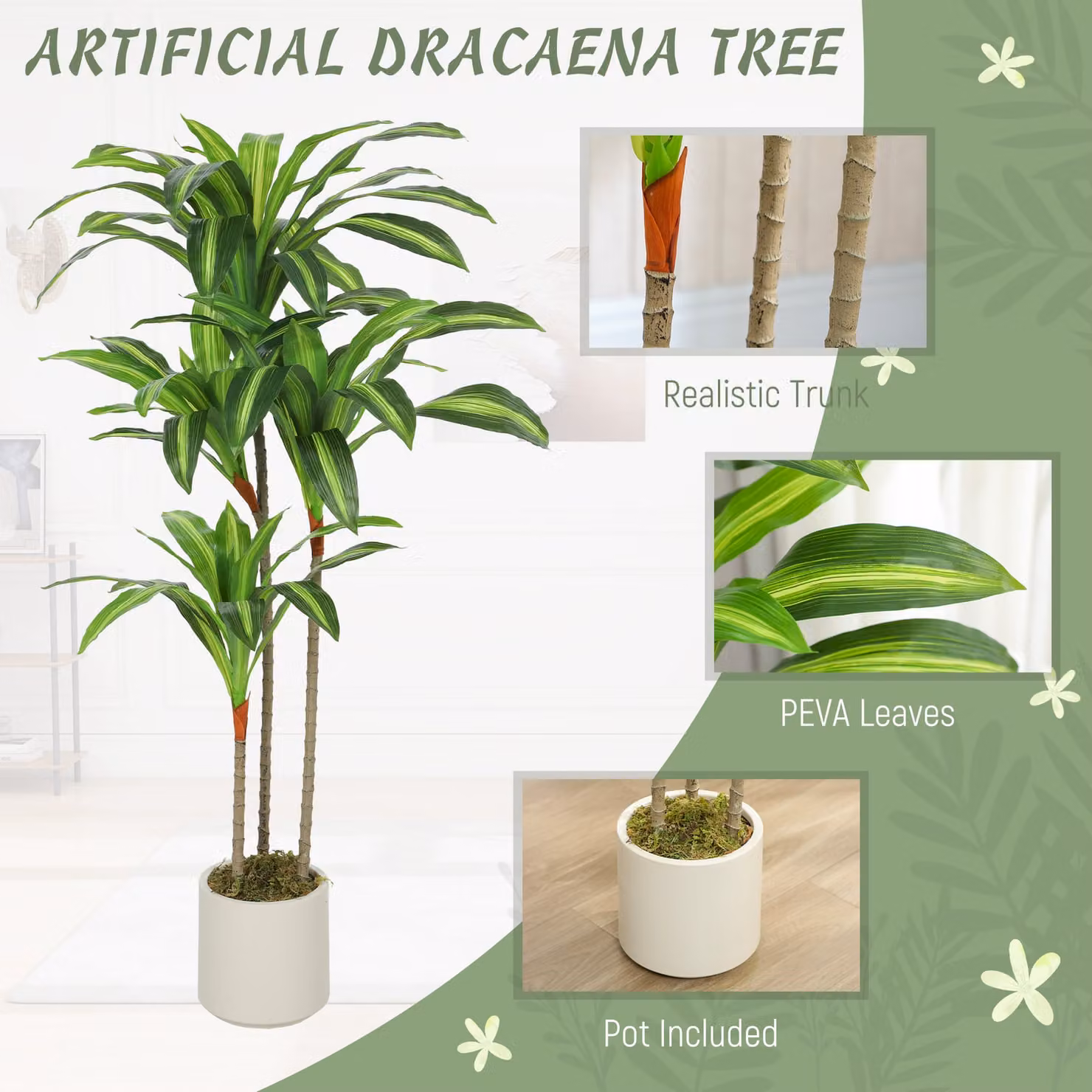 HOMCOM 120cm Artificial Dracaena Tree with Bendable Trunks in Green and White – 3