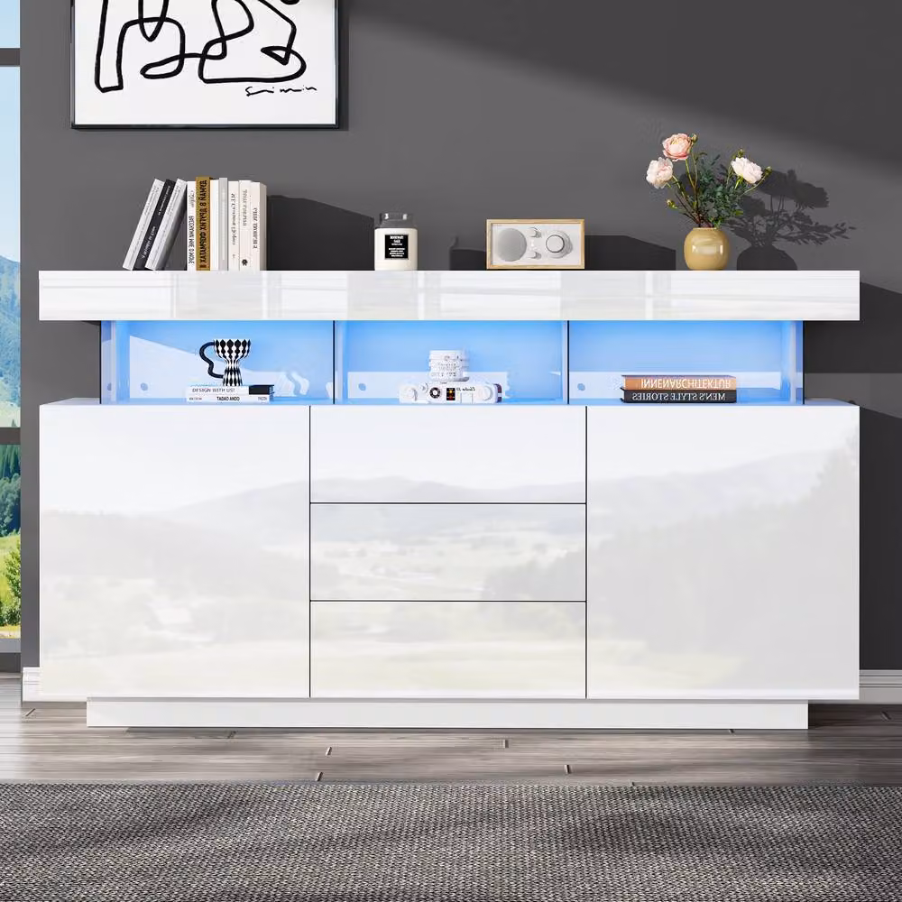 STILVORA Modern Glossy White Sideboard with Integrated LED Lighting, Width: 140 cm – 2