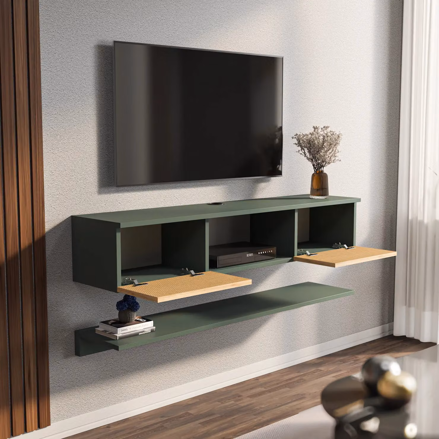 Decorotika Elia Modern Wall Mounted TV Unit with Rattan Details and Wall Shelf in Green, Width: 140 cm – 2