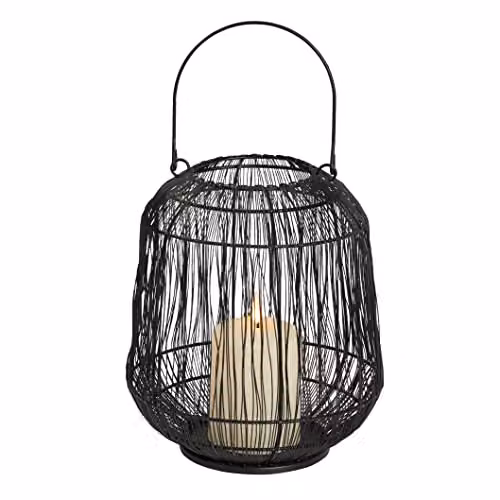 Lights4fun Black Metal Wire Cage Outdoor Garden Lantern with TruGlow Pillar Candle, H 23.5 cm x W 20.5 cm x D 20.5 cm – 3