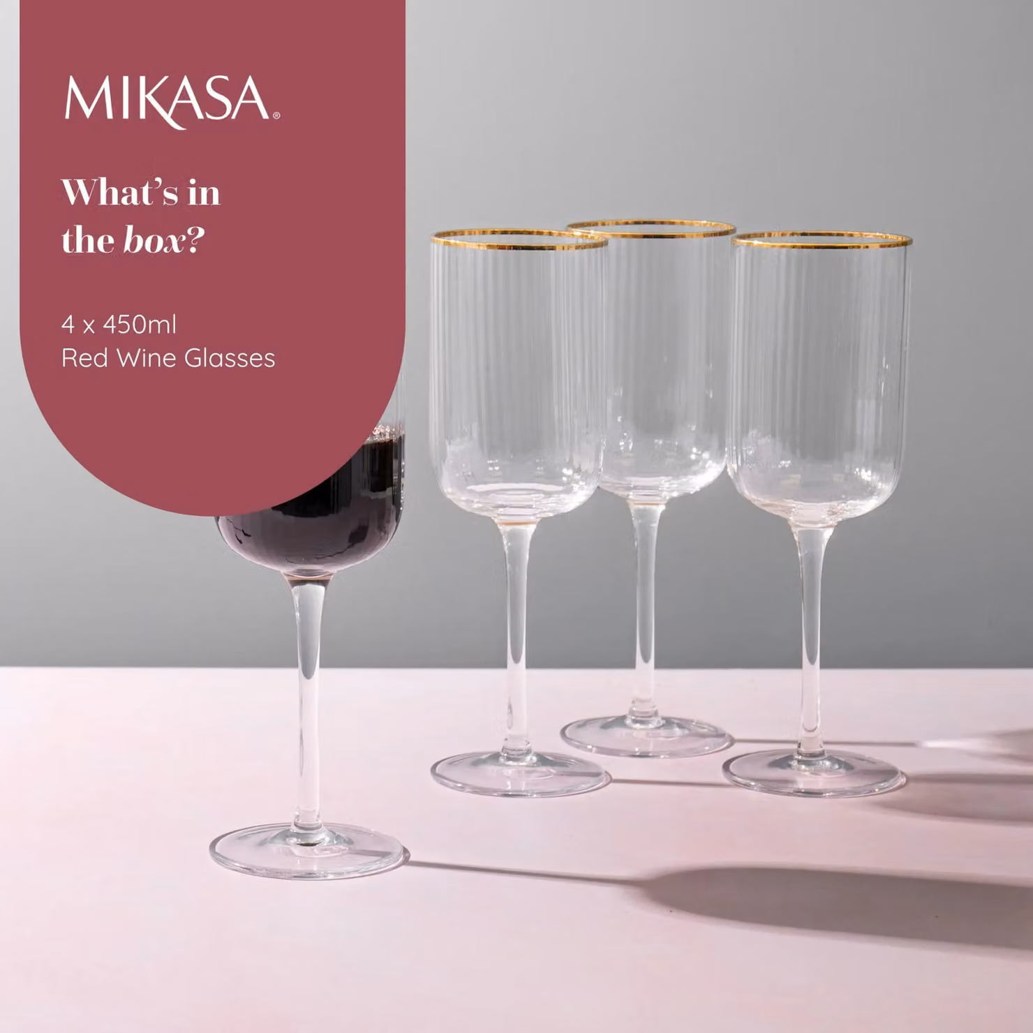 Mikasa Sorrento Ridged Lead-Free Crystal Red Wine Glasses, Set of 4, 450ml, Transparent Gold – 6