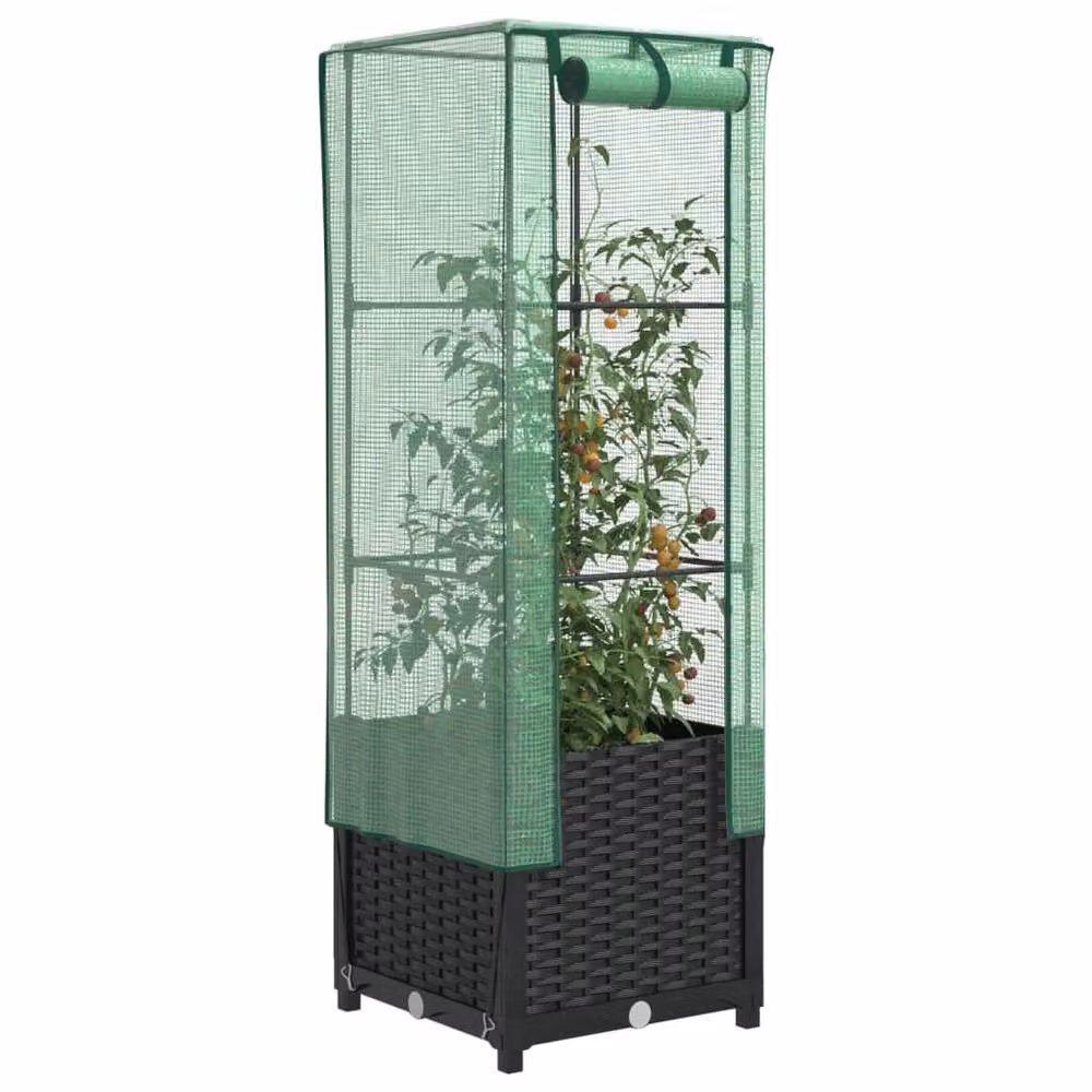 Berkfield Home Raised Bed with Greenhouse Cover in Black Rattan Look, W/D/H: 40 x 40 x 139 cm