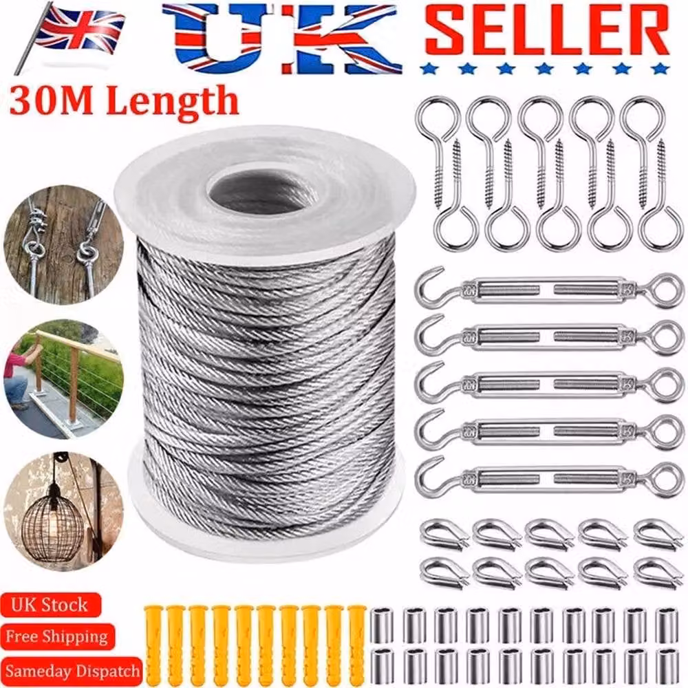 Nordara 30m Plastic Coated Stainless Steel Garden Wire Rope Catenary Kit in Metallic Silver – 3