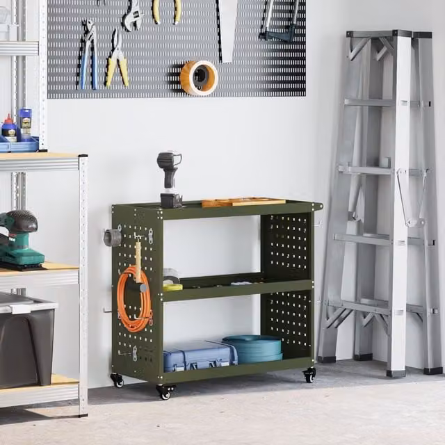 Berkfield Home Tool Trolley with Shelf and Wheels, Olive Green Powder-coated Steel, W/D/H: 75.0 x 35.0 x 73.0 cm – 1