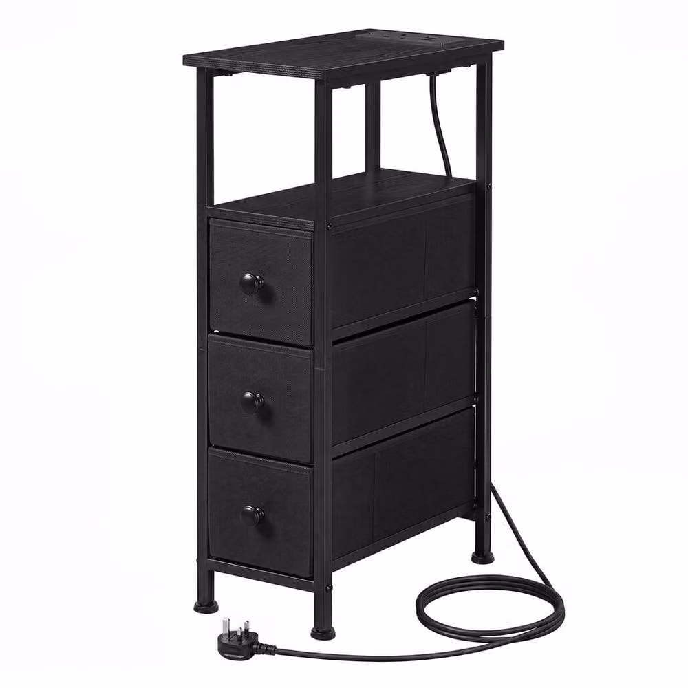 Levede Modern Black Bedside Table with Integrated LED Light and 3 Fabric Drawers – 2