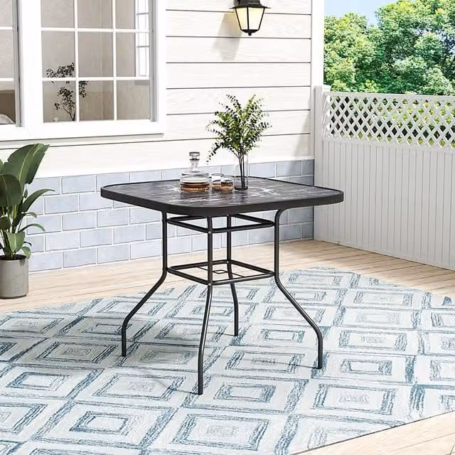 Lifeideas Garden Square Coffee Table with Black Marble Effect Glossy Tempered Glass and Metal Frame