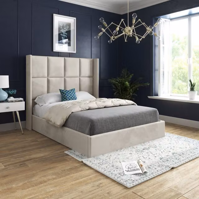 Makis Soft Velvet Upholstered Straight Winged Bed Frame in Beige/Yellow, W/D/H: 200 x 200 cm