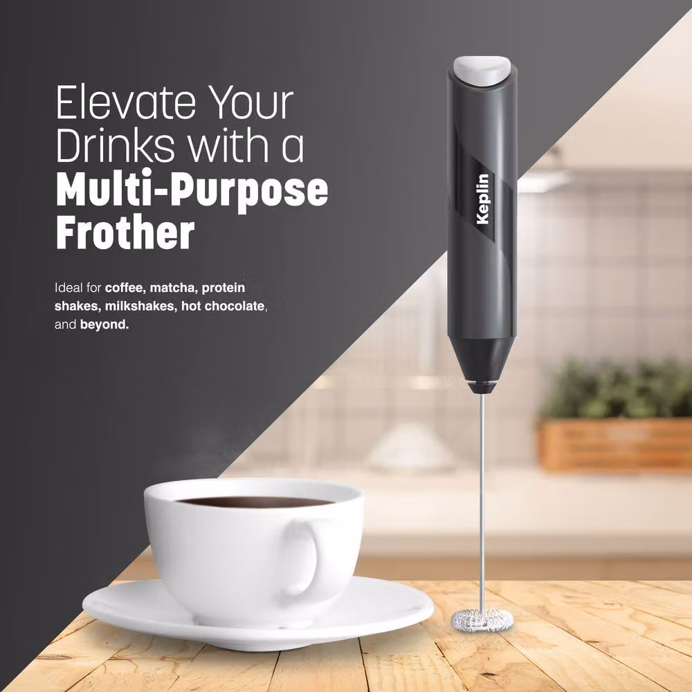 Keplin Battery Operated Handheld Milk Frother with Stand, Stainless Steel Electric Whisk in Black – 3