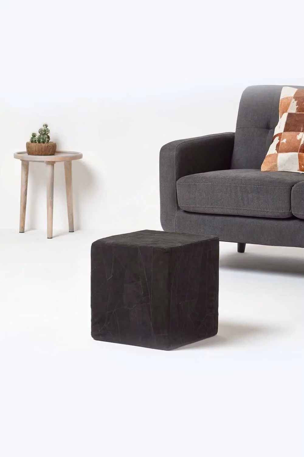 Homescapes Leather and Suede Patchwork Cube Pouffe in Black – 2