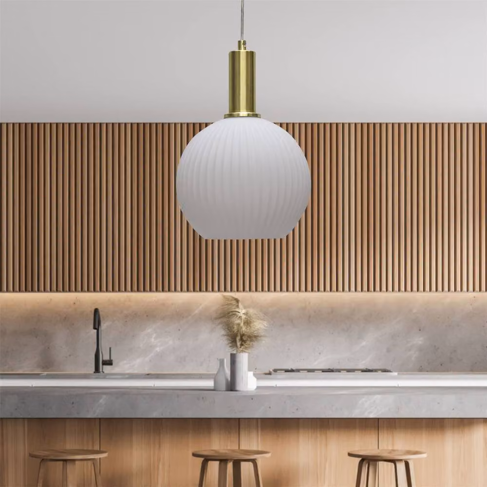 First Choice Lighting Betchley Set of 2 Deco Pendant Lights with White Ribbed Glass Globes and Satin Brass Finish – 2