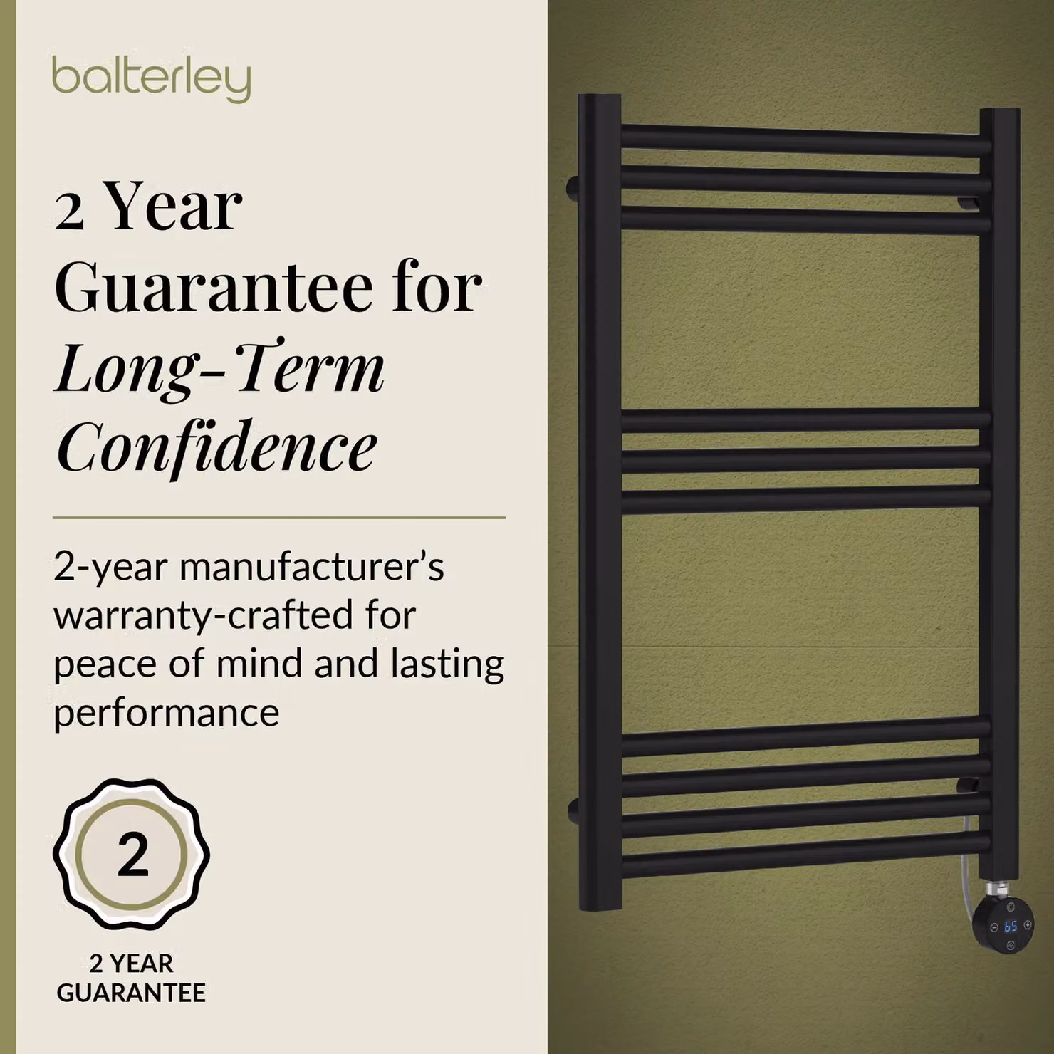 Balterley Electric Round Towel Rail, Matt Black, W: 80 cm, H: 50 cm, D: 8 cm – 6
