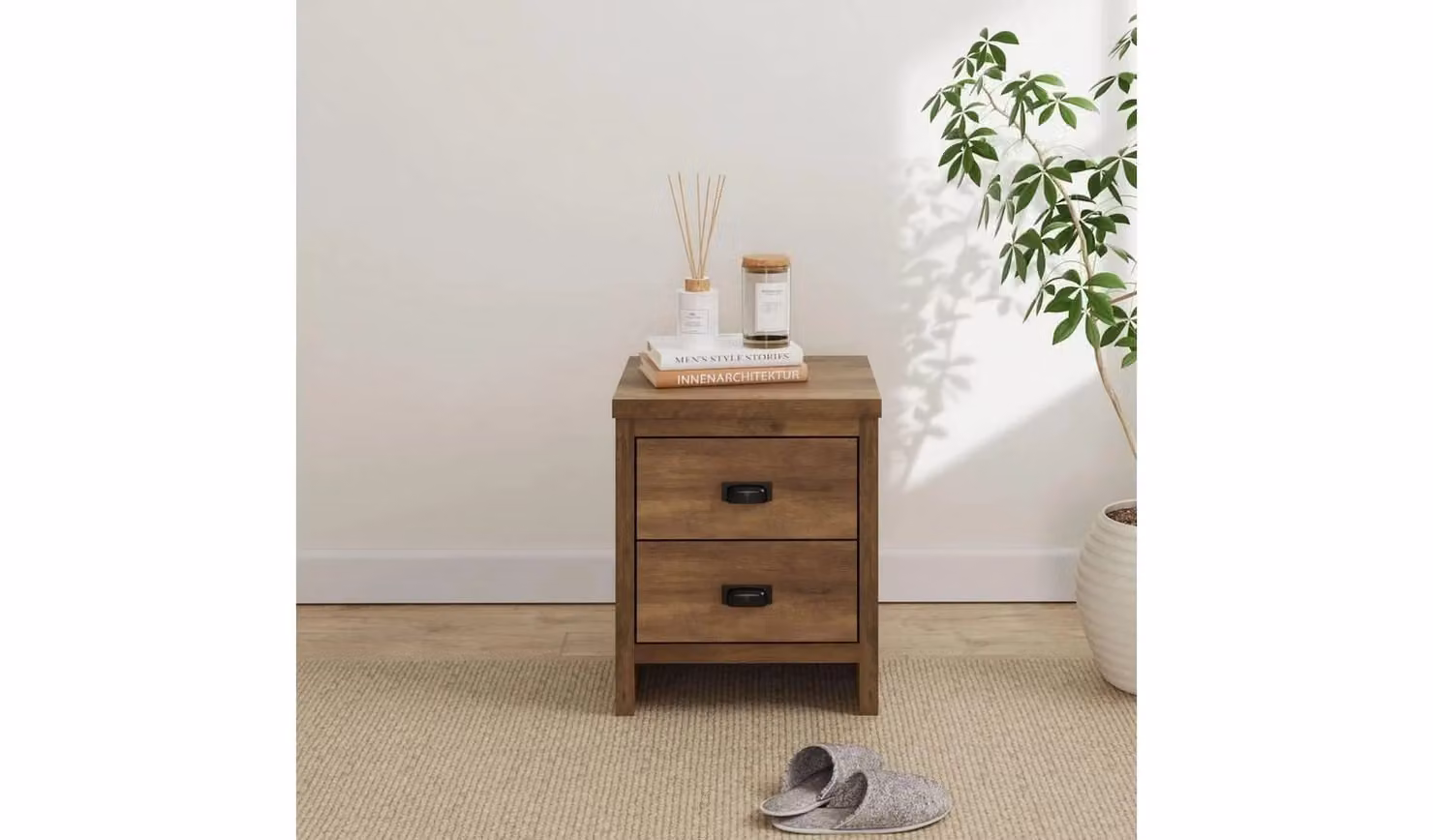GFW Boston 2 Drawer Bedside Table in Oak and Brown Industrial Style W/D/H: 39.3 x 43.0 x 52.2 cm