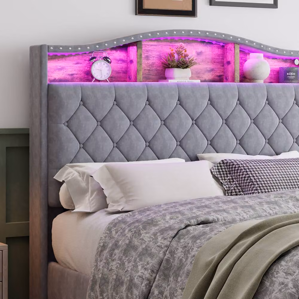 BTM Grey Velvet Upholstered Double Bed Frame with LED Under-Bed Lighting and Storage Headboard, W/D/H: 140 x 200 cm – 3