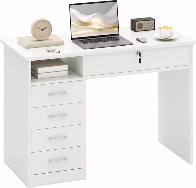 Rolipo White Computer Desk with Lockable Drawer and Storage Shelf W: 110 cm, D: 50 cm – 1