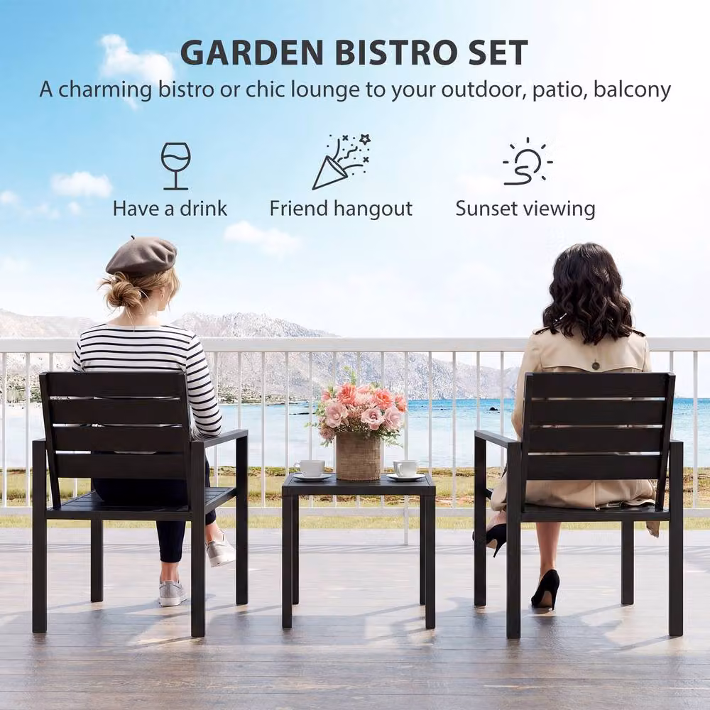 OUTSUNNY 3 Piece Black Garden Bistro Set with Square Table and 2 Chairs – 3