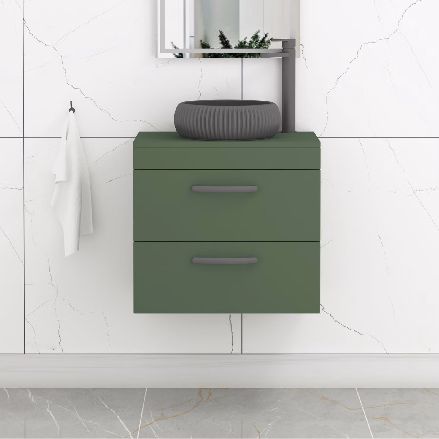 Royal Bathrooms Turin 800mm Wall Hung 2 Drawer Vanity Unit in Matt Green with Milan Black Countertop Basin and Matt Black Handles