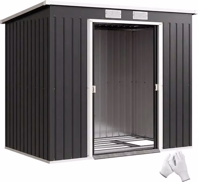 Rolipo Galvanised Steel Garden Shed with Foundation Kit and Double Doors, Dark Grey, W: 213.4 cm, D: 121.9 cm, H: 172 cm