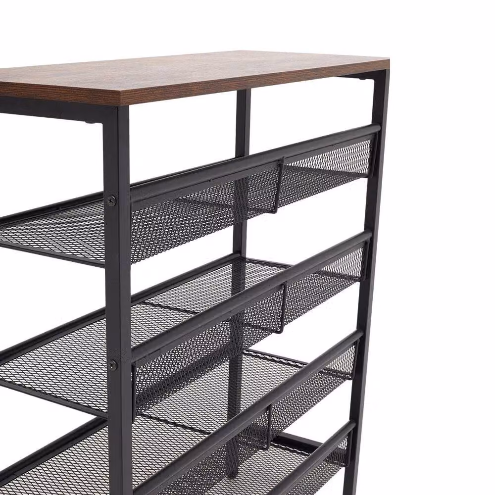 VOGREX 5 Tier Industrial Metal and Wood Shoe Rack with Adjustable Shelves in Black and Multicolour – 3