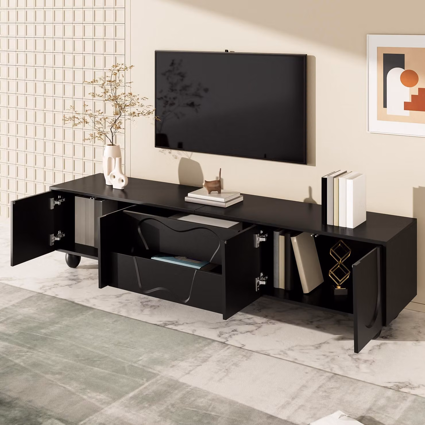 Aosom Minimalist Black TV Cabinet with Solid Wood Legs, Curved Doors, Drawers and Shelves, W: 180 cm, D: 40 cm, H: 42 cm – 4