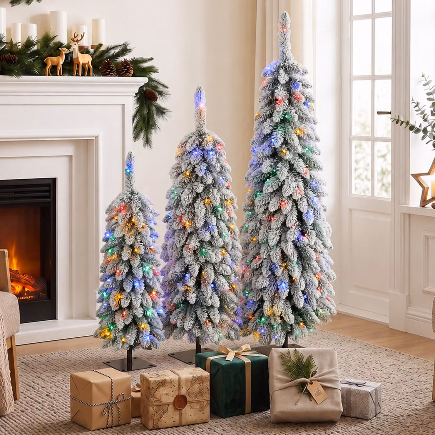 HOMCOM Set of 3 Snowy Pre-Lit LED Artificial Christmas Trees with PVC Branches in Green and White, H: 90 cm, H: 120 cm, H: 150 cm – 2
