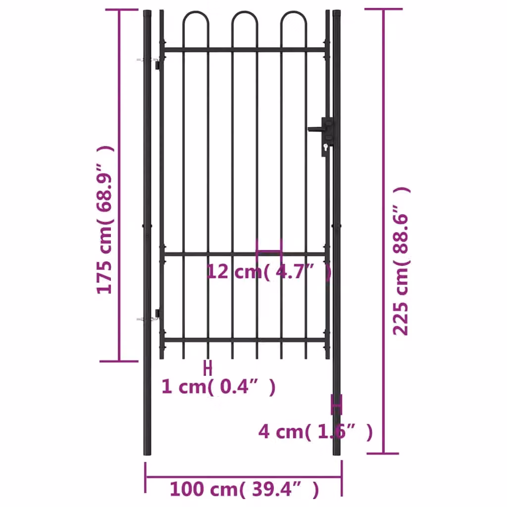 Berkfield Home Single Door Arched Top Steel Fence Gate, Black, W: 1 m, H: 1.75 m – 3