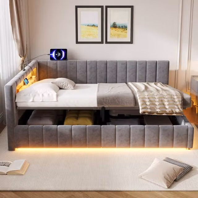 Merax Grey Velvet Double Hydraulic Storage Bed with LED Lighting and USB Charging Station, W/D/H: 140 x 200 x 45 cm – 1