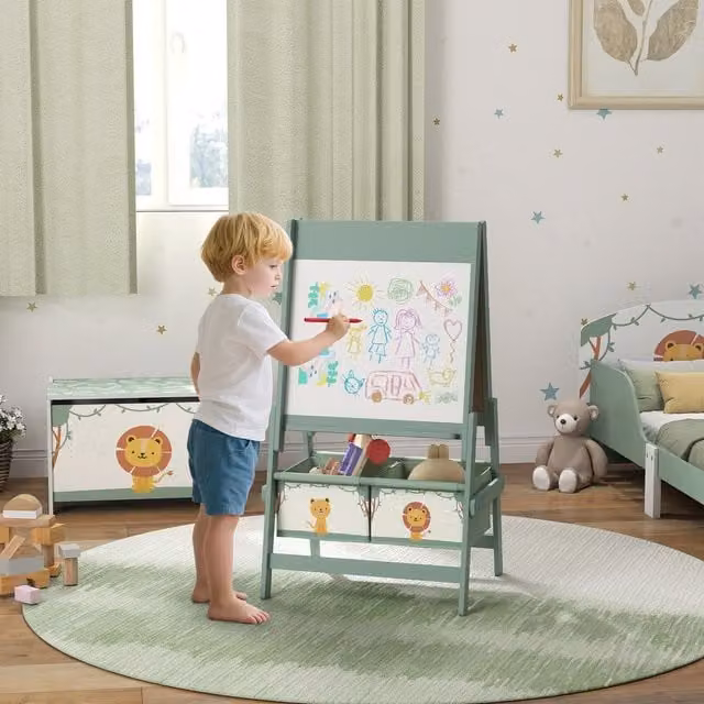 AIYAPLAY 3-in-1 Double Sided Childrens Art Easel with Whiteboard and Blackboard in Green