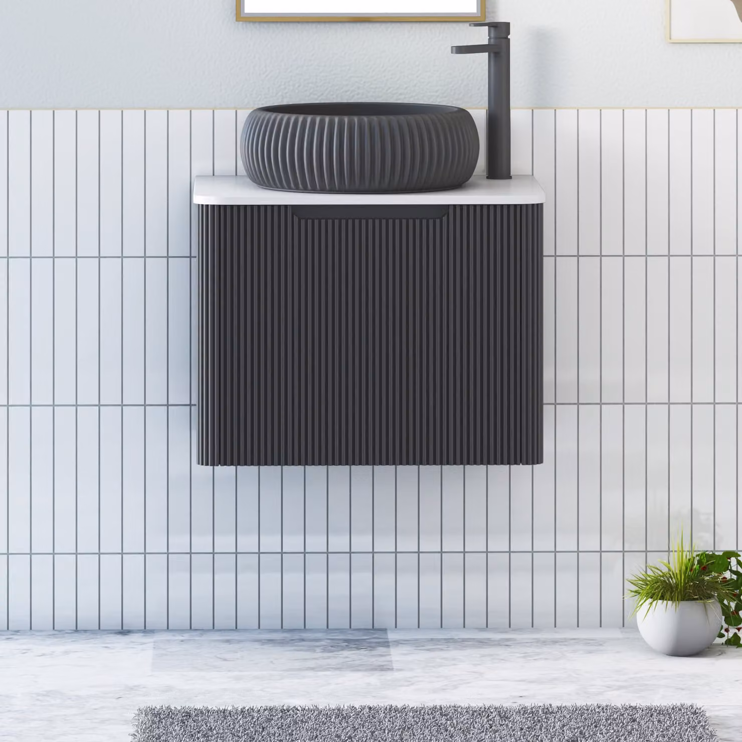 Royal Bathrooms Avenza Wall Hung Vanity Unit with Milan Black Basin, Matt Obsidian Black and Plain White Worktop, Width: 60 cm