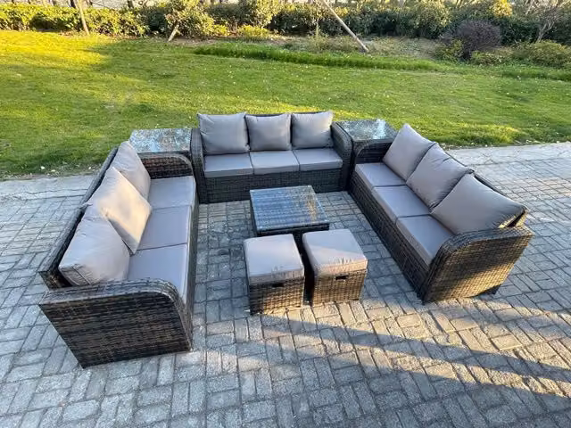 Fimous 11 Seater Rattan Outdoor Garden Furniture Set in Dark Grey with Square Coffee Table, 3 Seater Sofa and 2 Footstools