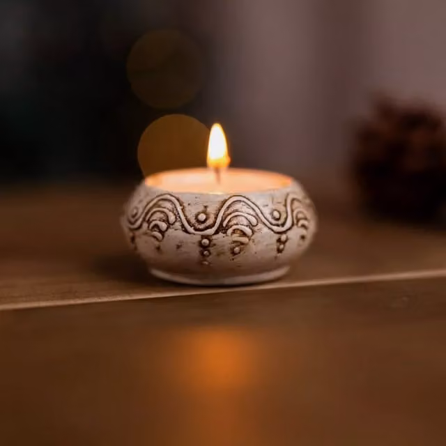 Marco Paul Boho Ceramic Abstract Round Tealight Candle Holder in Beige, Brown, Yellow and White
