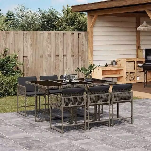 Berkfield Home Grey PE Rattan 6-Seater Foldable Garden Dining Set with Glass Top