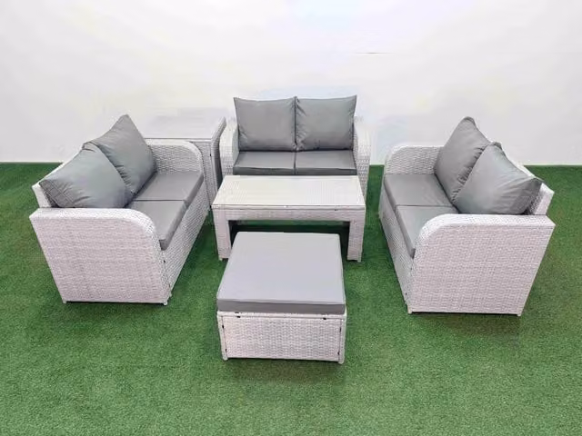 Fimous 7 Seater PE Wicker Rattan Garden Furniture Set in Light Grey with Oblong Coffee Table, 2 Seater Love Sofa, Big Footstool and Side Table