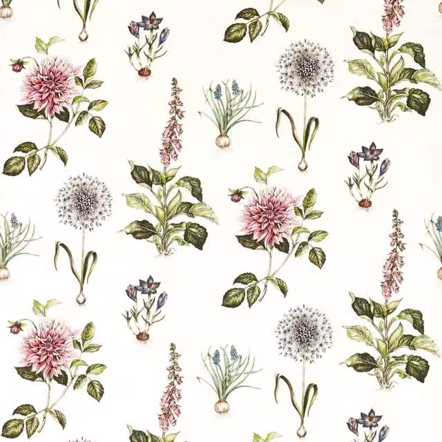 Clarke & Clarke Roseraie Floral Fabric in Pink and White