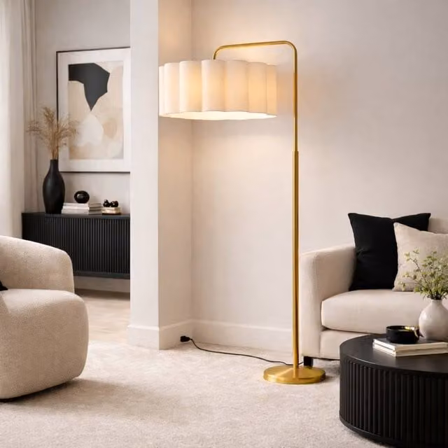CGC Lighting Kyra Brushed Gold Angled Floor Lamp with Large Scalloped White Fabric Lampshade