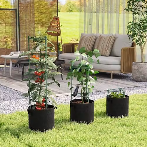 Outsunny 3 Pack Green Tomato Cages with 83.7L Grow Bags and 120cm Adjustable Steel Stakes – 6