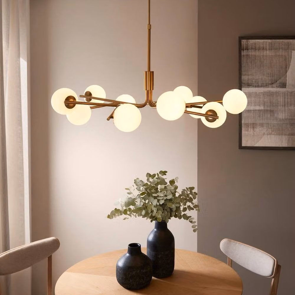 Netlighting Aaron Multi Arm Pendant Light in Gold with 10x Matt Opal Glass G9 Spheres – 3