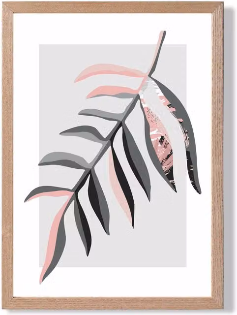 ARTZE Tropical Leaf Boho Botanical Framed Print in Grey and Pink with Oak Frame, A4
