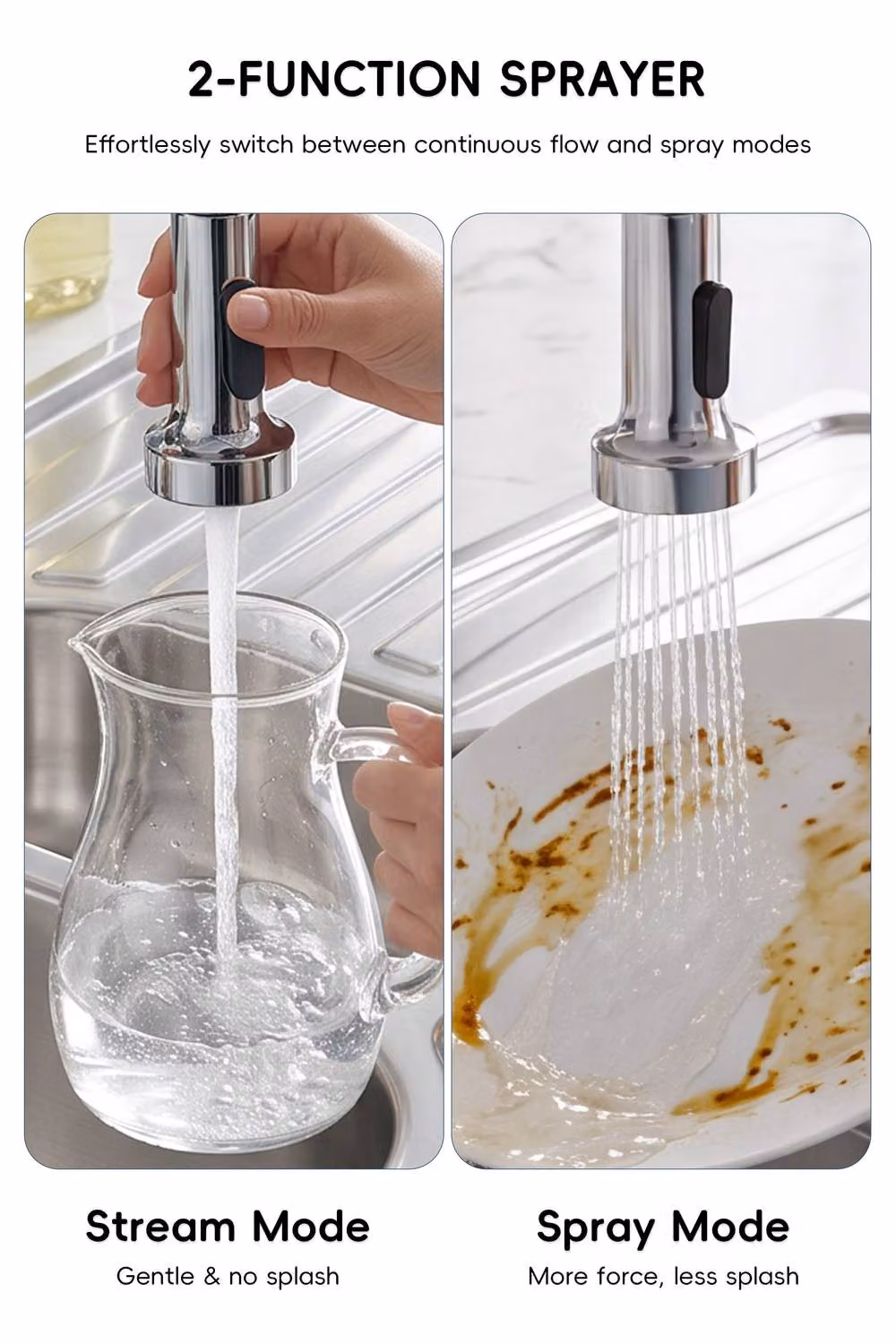 JANLEMNY Chrome Pull-Down Sprayer Kitchen Mixer Tap with 360 Swivel and 2 Spray Modes in Silver – 7