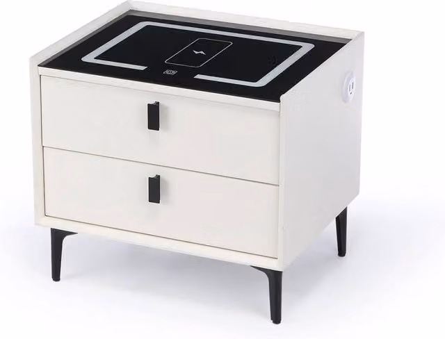 VOGREX Modern White Glossy LED Bedside Table with Integrated Lighting and 2 Drawers W: 100 cm, H: 80 cm